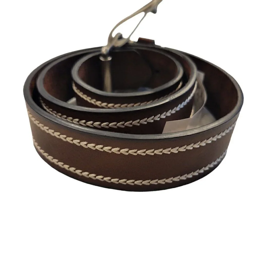 MEN'S Sun Stone Leather Belt With White Trim. Size 42-44.